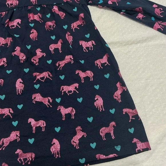 HATLEY Tinsel Pink Glitter Horses Horse long-sleeve Blue cotton dress Girls 4 - Picture 3 of 6